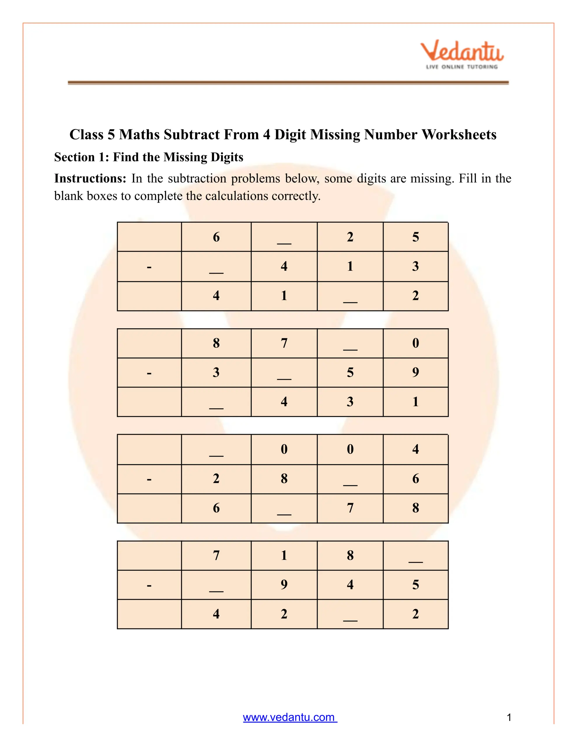Class 5 Maths Subtract From 4 Digit Missing Number Worksheet PDF Class 5 Maths Subtract From 4 Digit Missing Number Worksheet PDF