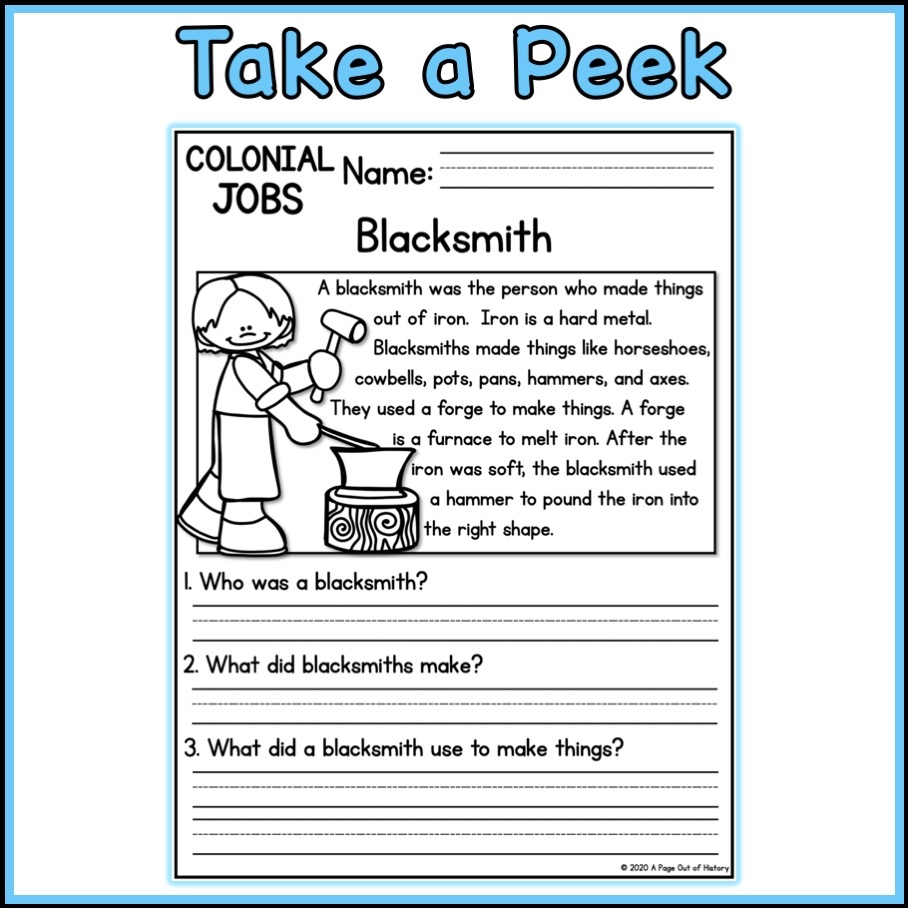 Colonial Jobs Social Studies Reading Comprehension Passages K 2 Made By Teachers