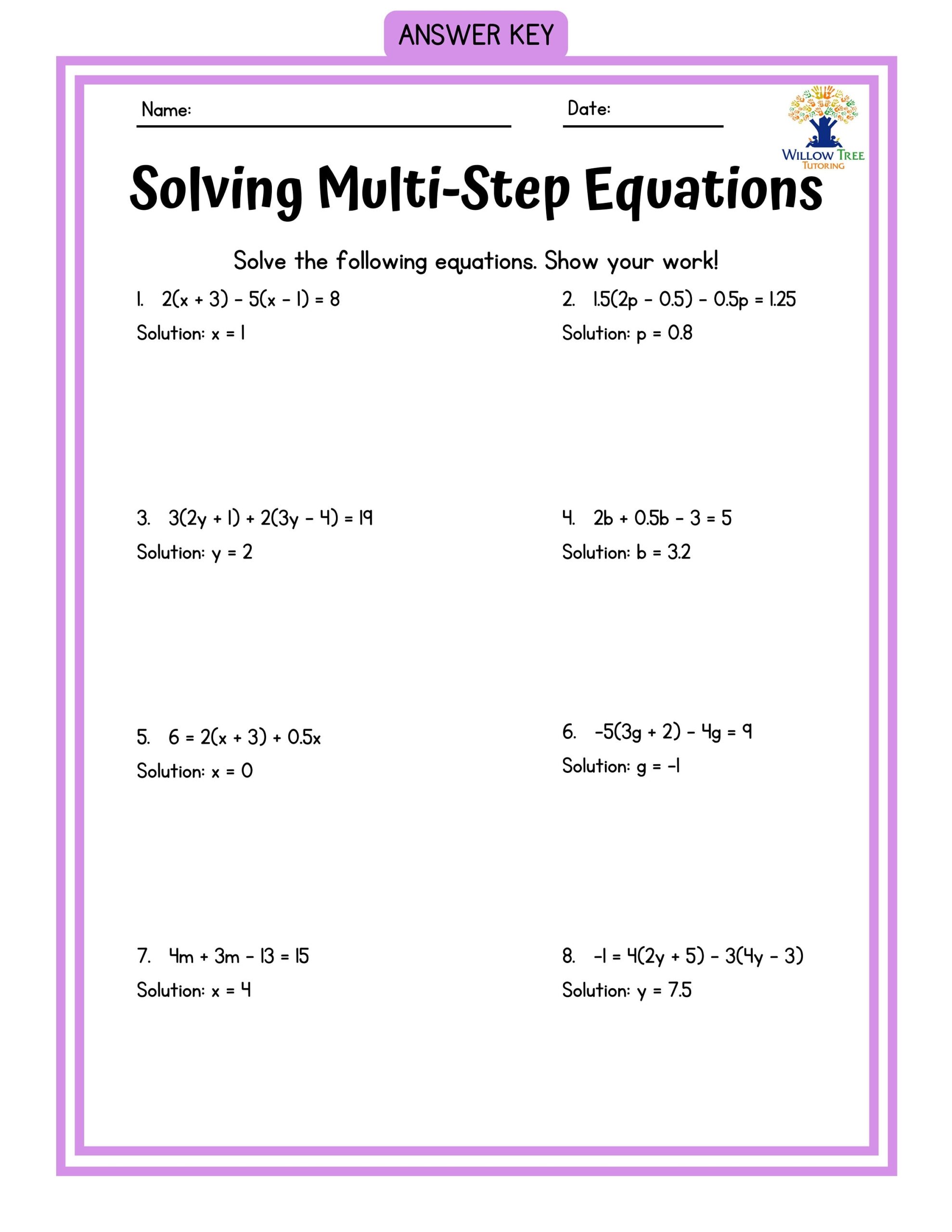 11 4 Algebra 1 3 4 3 Multi Step Equations Practice Pd 2 Notebook