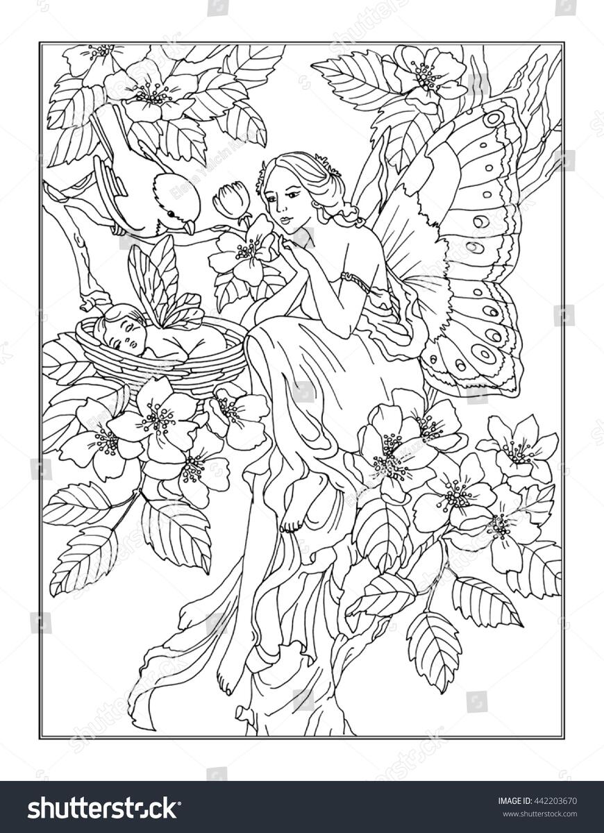 Coloring Page Enchanted Fairy Stock Illustration 442203670 Shutterstock