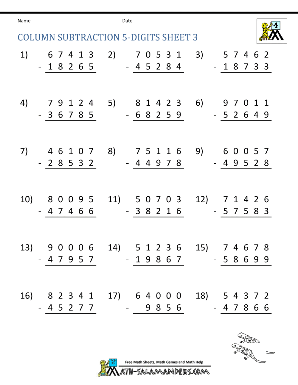 Column Subtraction 5 Digits Sheet 3
