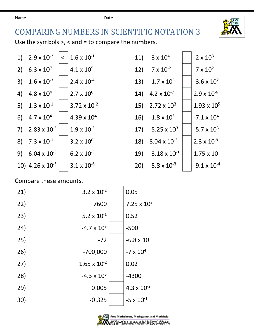 Comparing Numbers In Scientific Notation Support Page
