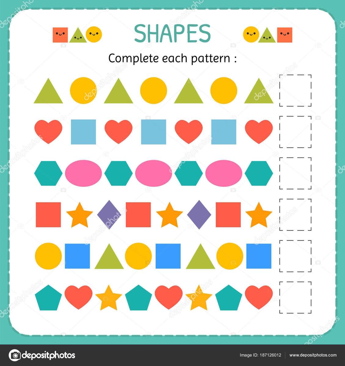 Complete Each Pattern Learn Shapes And Geometric Figures Preschool Or Kindergarten Worksheet Stock Vector By Saenal78 187126012 Complete Each Pattern Learn Shapes And Geometric Figures Preschool Or Kindergarten Worksheet Stock Vector By Saenal78 187126012