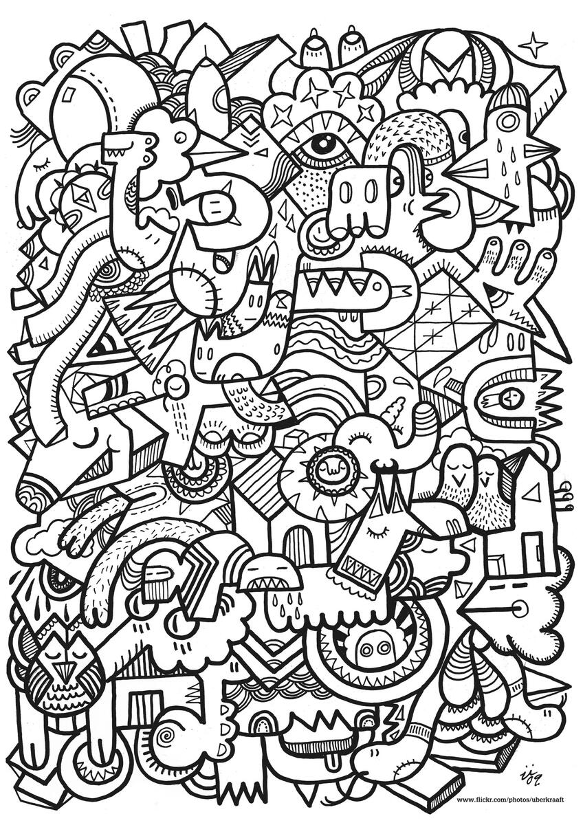Complex Drawing With Different Doodle Creatures Unclassifiable Coloring Pages