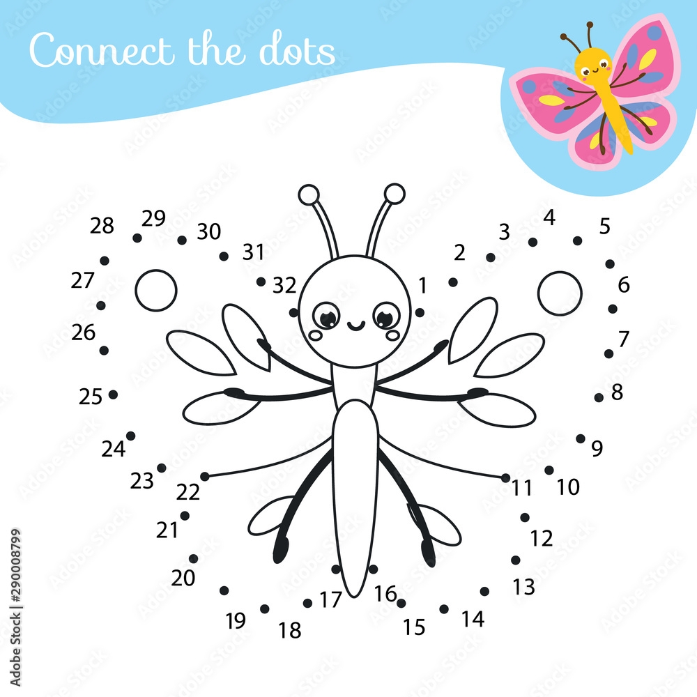 Connect The Dots Dot To Dot By Numbers Activity For Kids And Toddlers Children Educational Game Cartoon Butterfly Stock Vector Adobe Stock