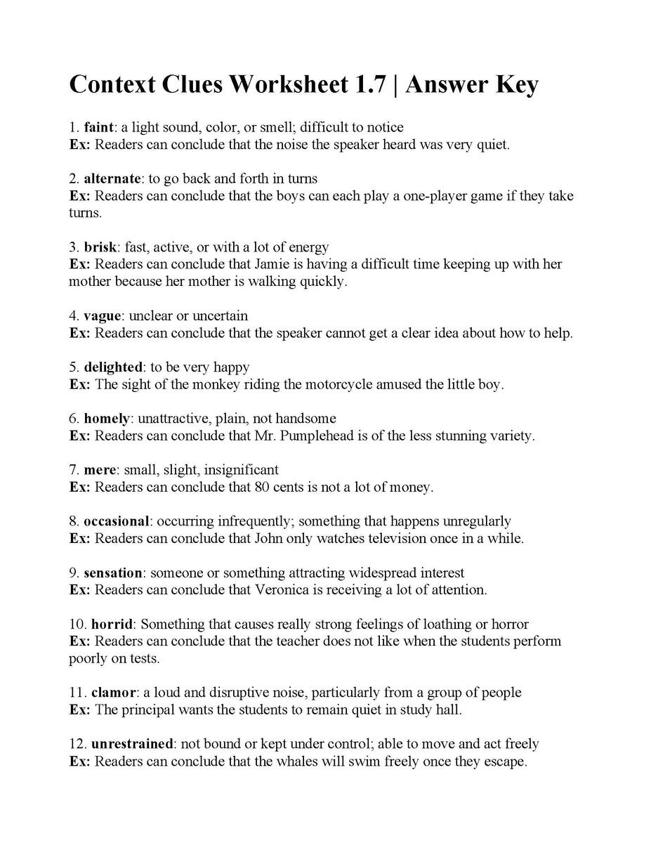 Context Clues Worksheet 1 7 Reading Activity Context Clues Worksheet 1 7 Reading Activity