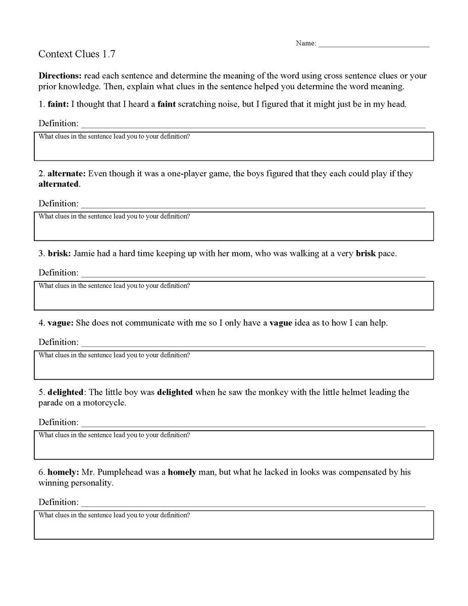 Context Clues Worksheet 1 7 Reading Activity