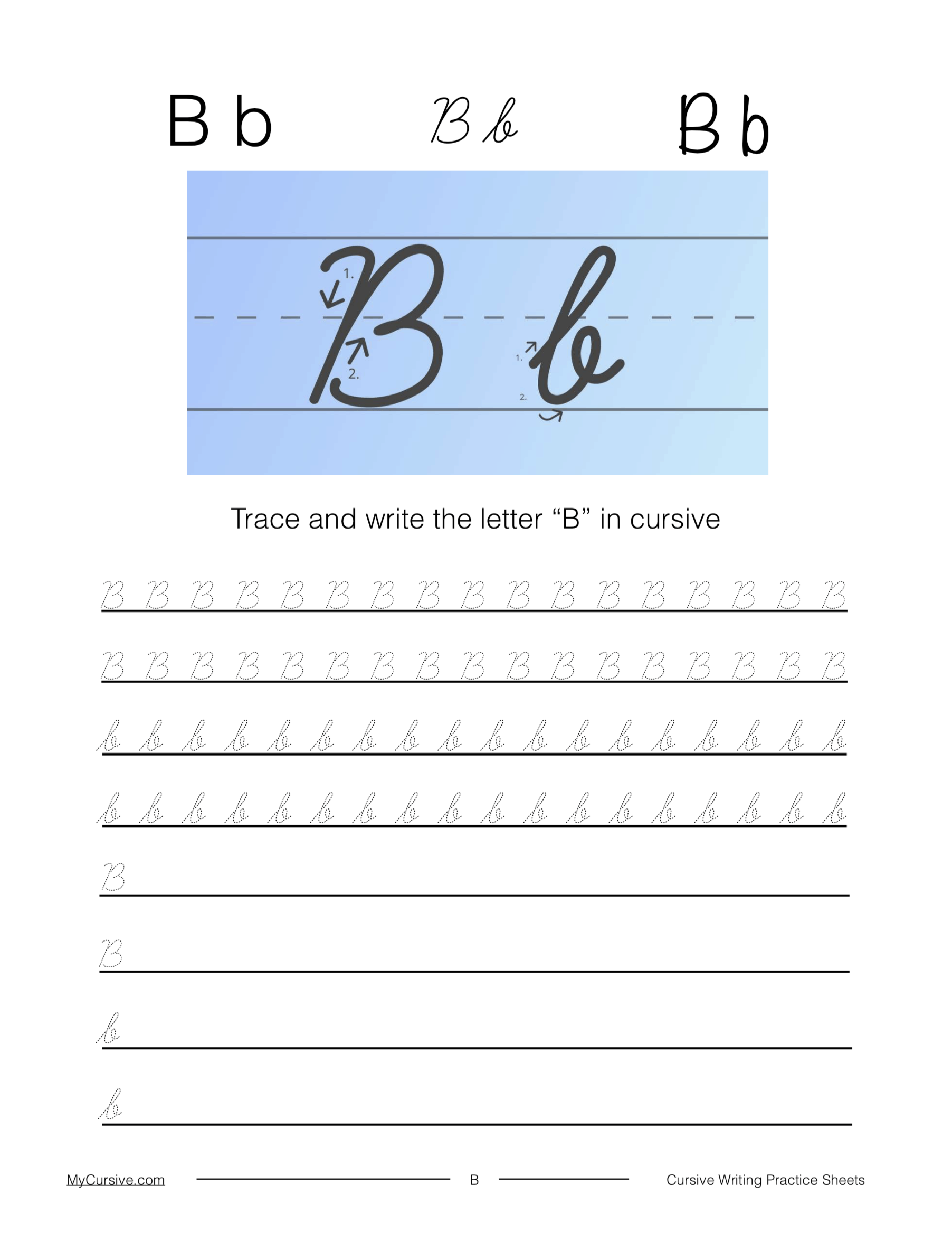 Cursive B Full Tutorial And Worksheet
