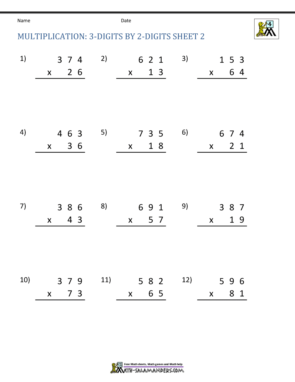 Free 2 Digit By 3 Digit Multiplication Worksheets Teach Prints