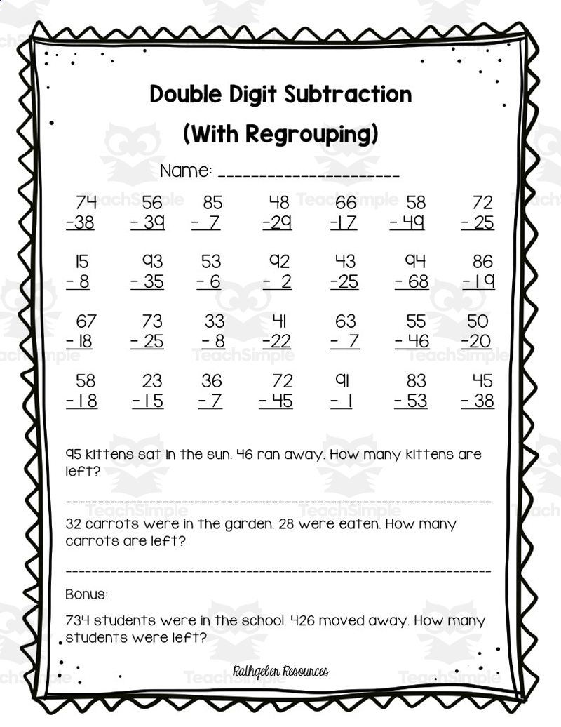 Double Digit Subtraction With Regrouping Assessment Worksheets Library
