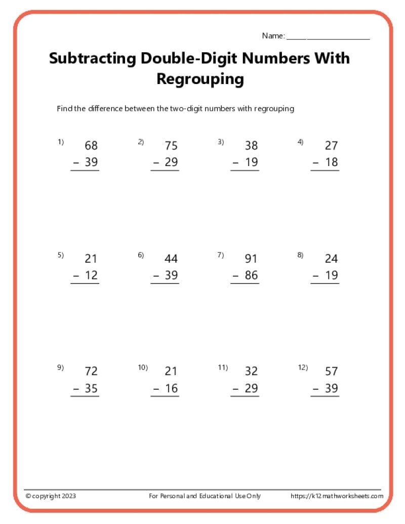 Two Digit Subtraction Worksheets With Regrouping PDF Etsy Canada