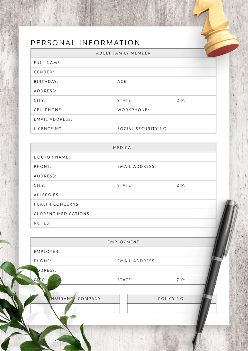 Download Printable Personal Information For Adult Template PDF