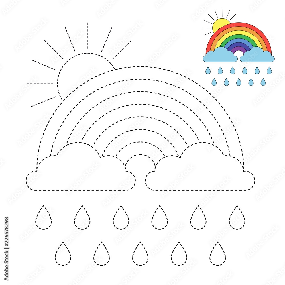 Drawing Worksheet For Preschool Kids With Easy Gaming Level Of Difficulty Simple Educational Game For Kids Illustration Of Rainbow Clouds Raindrops And Sun For Toddlers Stock Illustration Adobe Stock