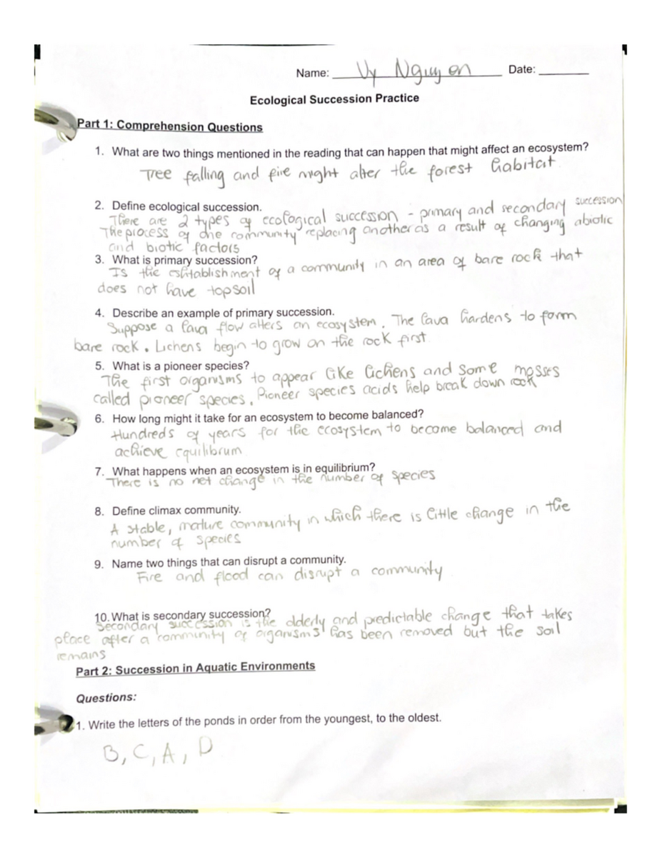Ecological Succession Practice Comprehension And Aquatic Questions Studocu