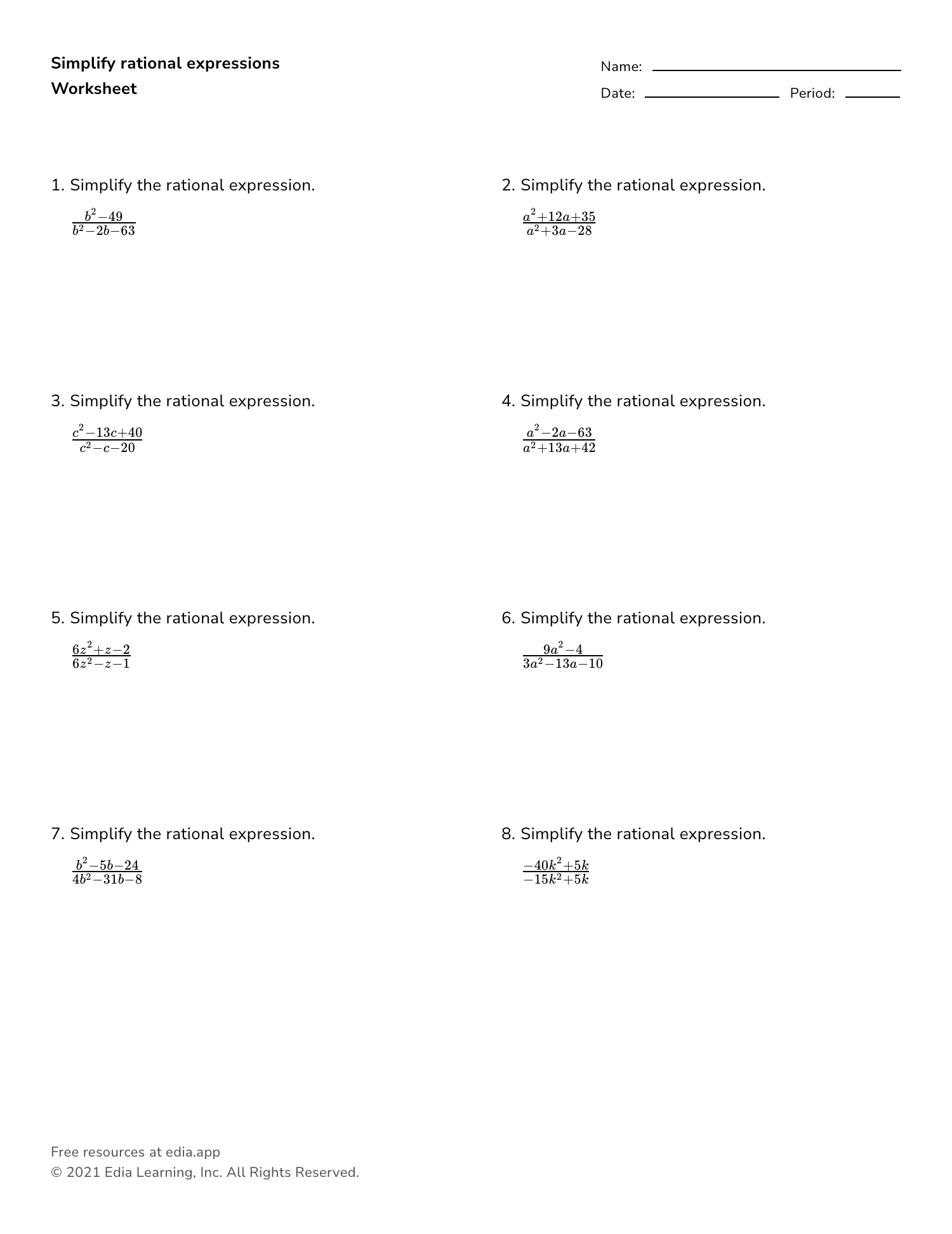 Printable Simplifying Rational Expressions Worksheets