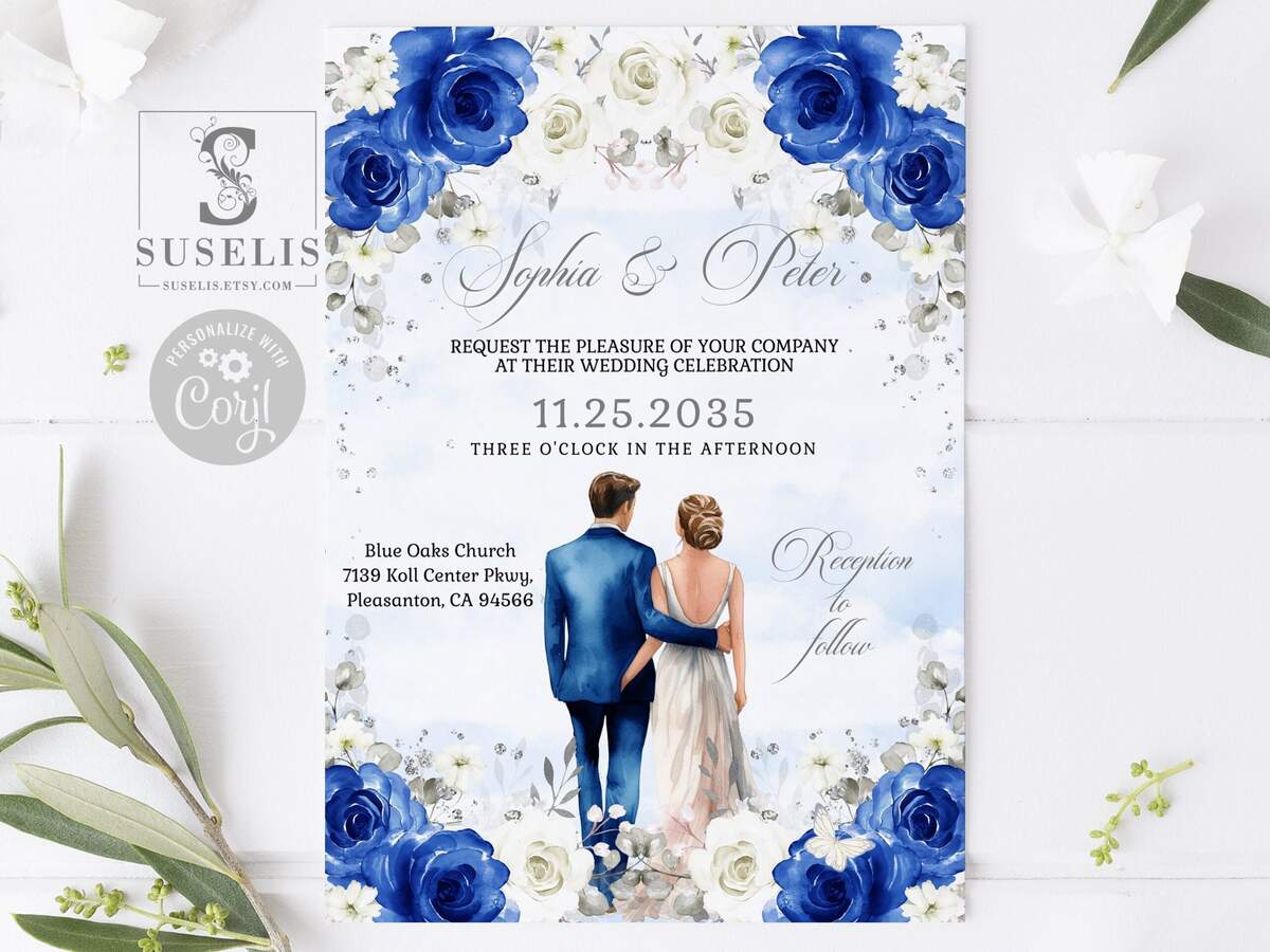 EDITABLE Wedding Invitation Template Royal Blue Flowers Roses Wedding Invite Printable Instant Download WS114 Etsy