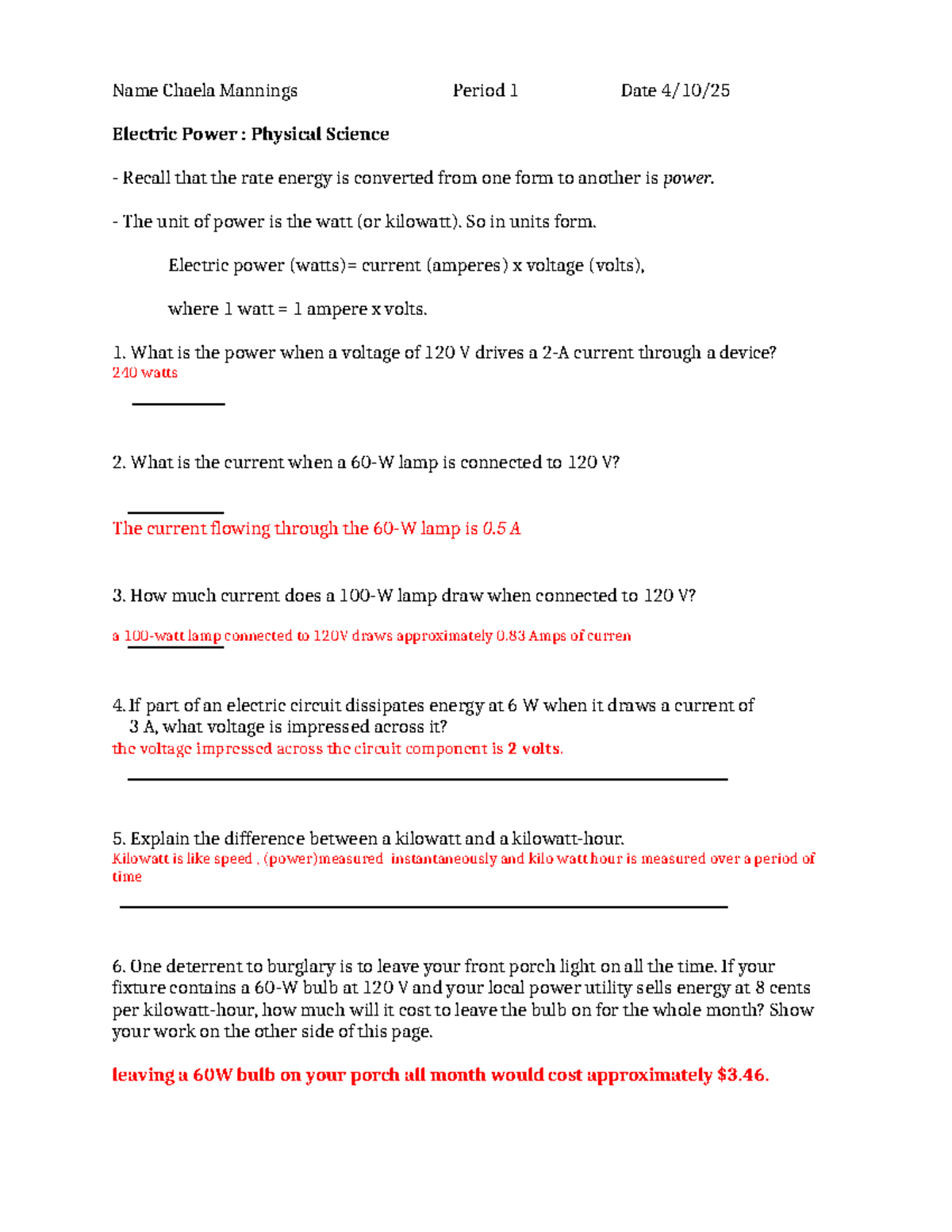 Electric Power Worksheet Understanding Watts And Current Calculations Studocu