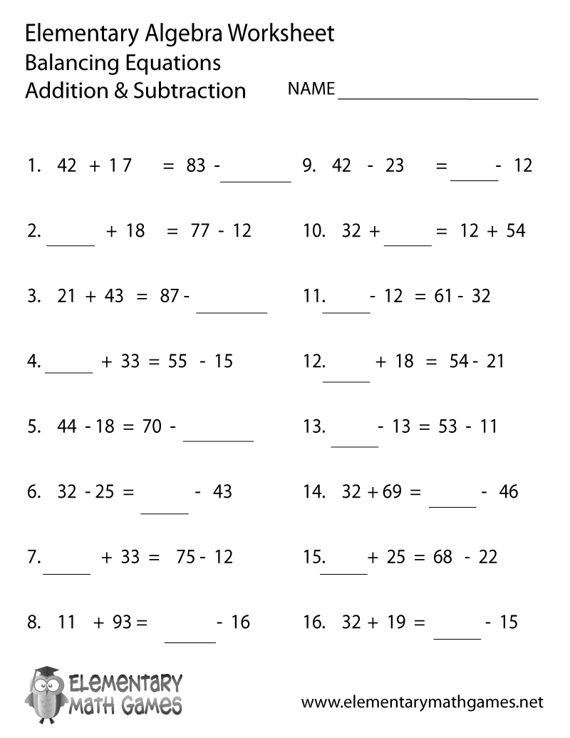 Elementary Algebra Balancing Equations Worksheet Printable One Variable Equations Worksheets
