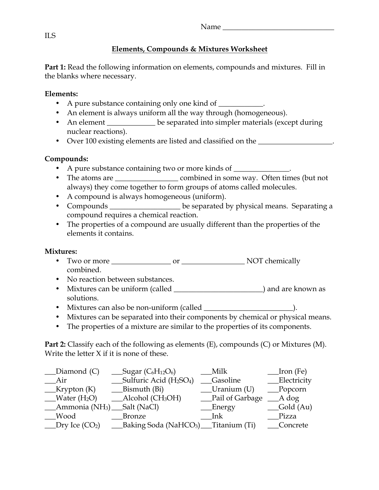 Elements Compounds And Mixtures Worksheet