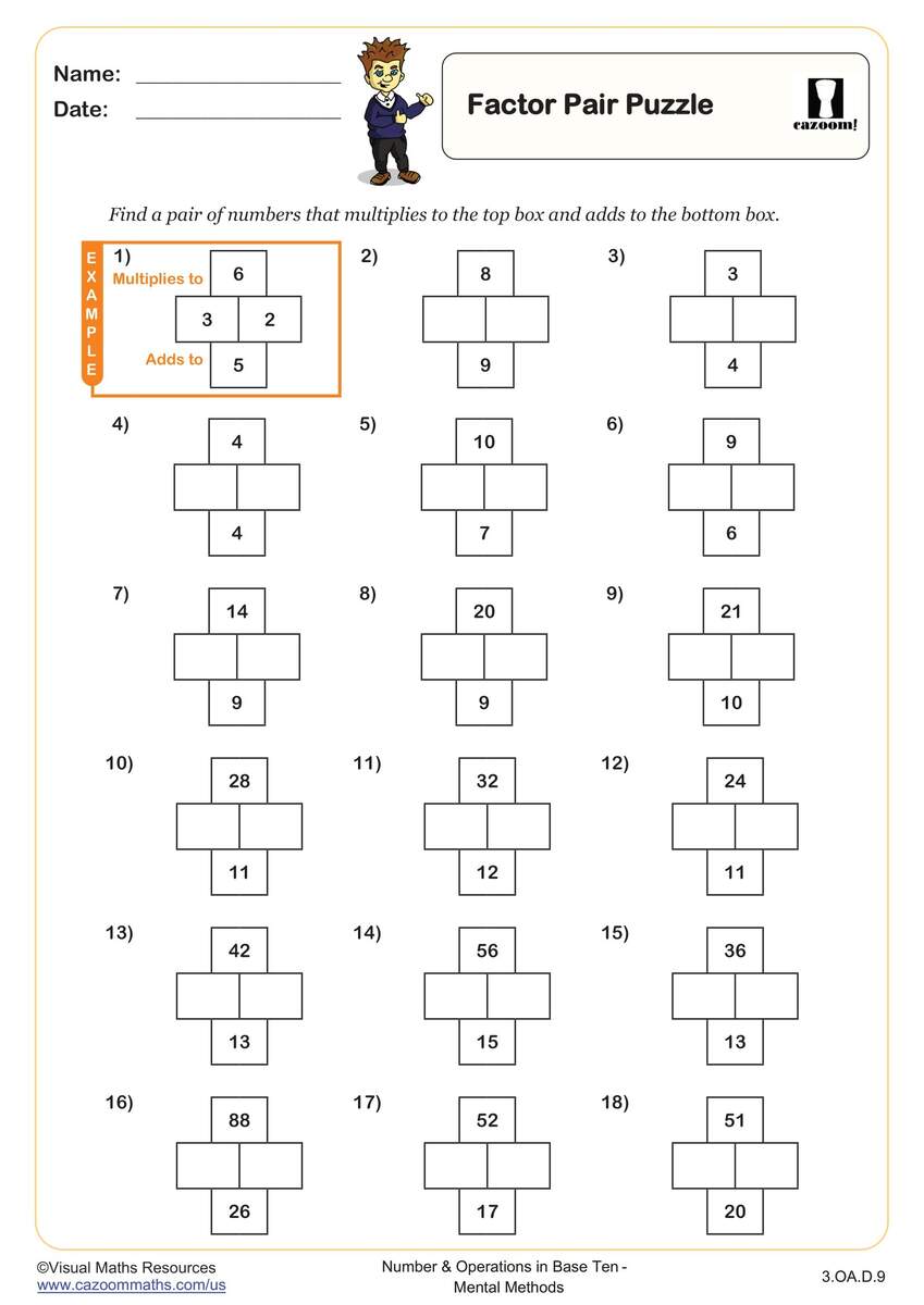 Factor Pair Puzzle Worksheet Fun And Engaging 3rd Grade Number Operations Worksheet Cazoom Math