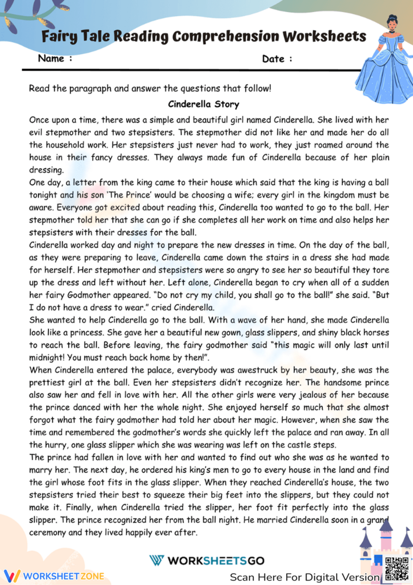 FREE Printable Fairy Tale Reading Comprehension Worksheets
