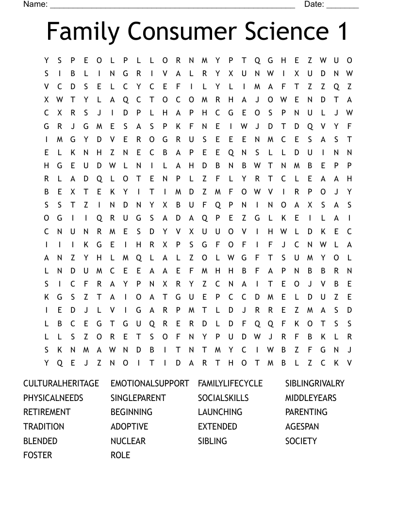 Family Consumer Science 1 Word Search WordMint Introduction To Family And Consumer Science Online Exercise For Worksheets Library