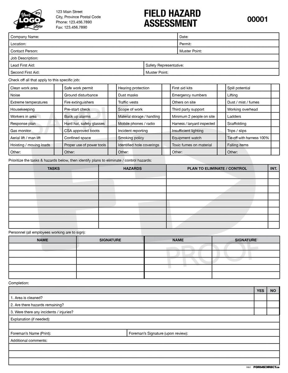 Field Hazard Assessment HA1 Form Template Forms Direct