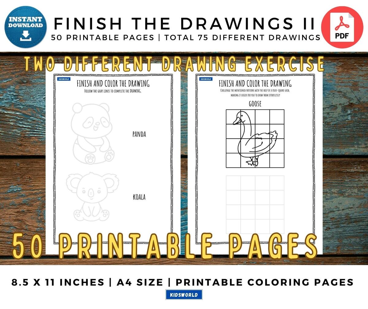 Finish The Drawing II Printable Activities For Kids Kids Busy Coloring Pages 50 Pages Drawing Practice For Kids Instant Download PDF Etsy