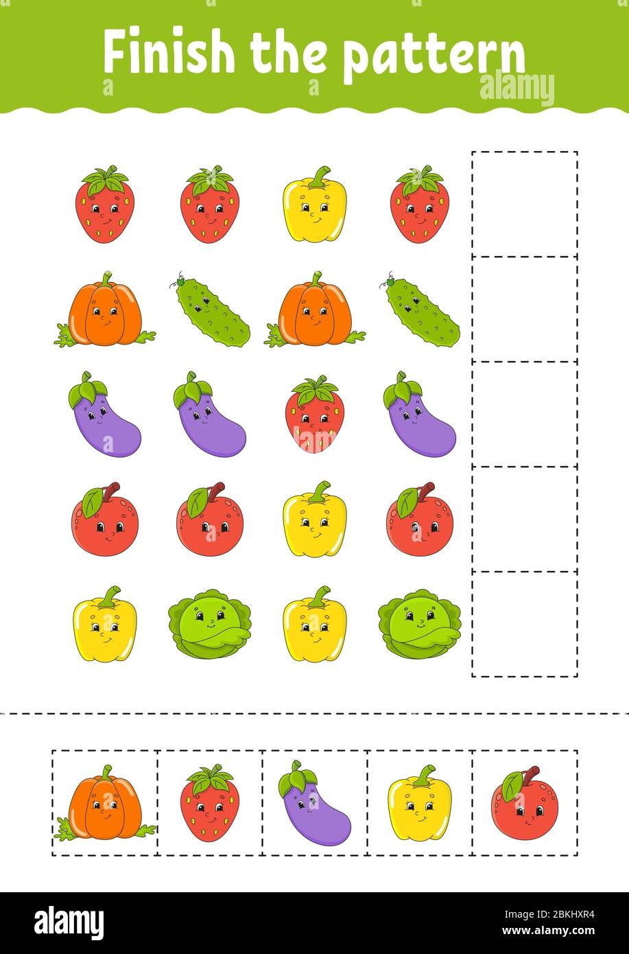 Finish The Pattern Cut And Play Fruits And Vegetables Education Developing Worksheet Activity Page Cartoon Character Stock Vector Image Art Alamy Free Kindergarten Worksheets Spot The Patterns
