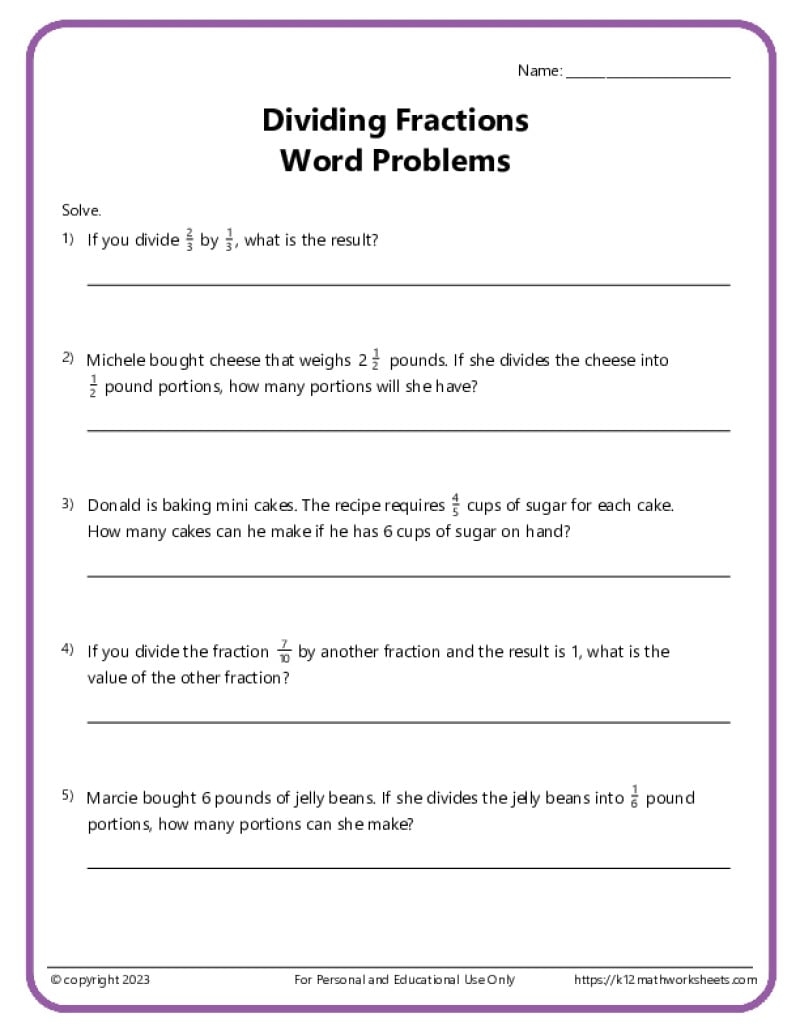Fraction Word Problems Worksheets K12 Math Worksheets Fractions Word Problems Dividing Whole Number Worksheets Math Worksheets MathsDiary