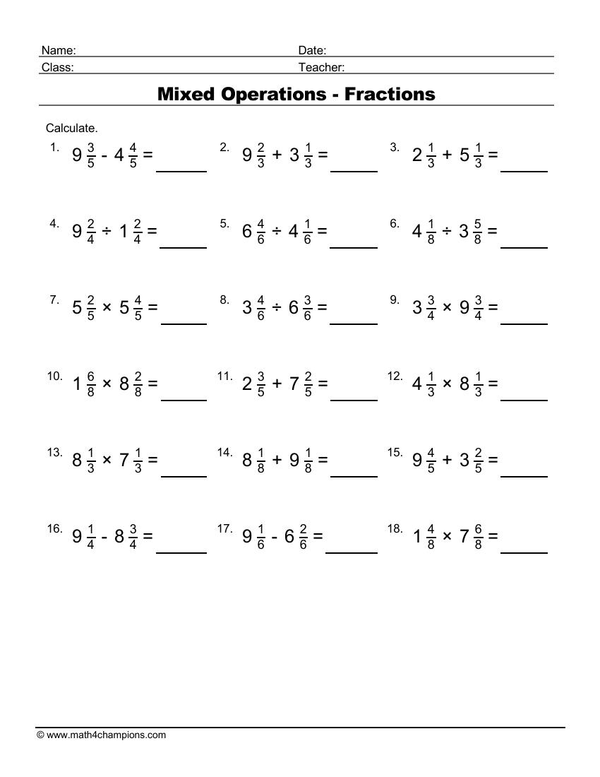 Fraction Worksheets Pdf Downloads Math Champions Mixed Operations With Fractions Worksheet Fun And Engaging 6th Grade PDF Worksheets Cazoom Math