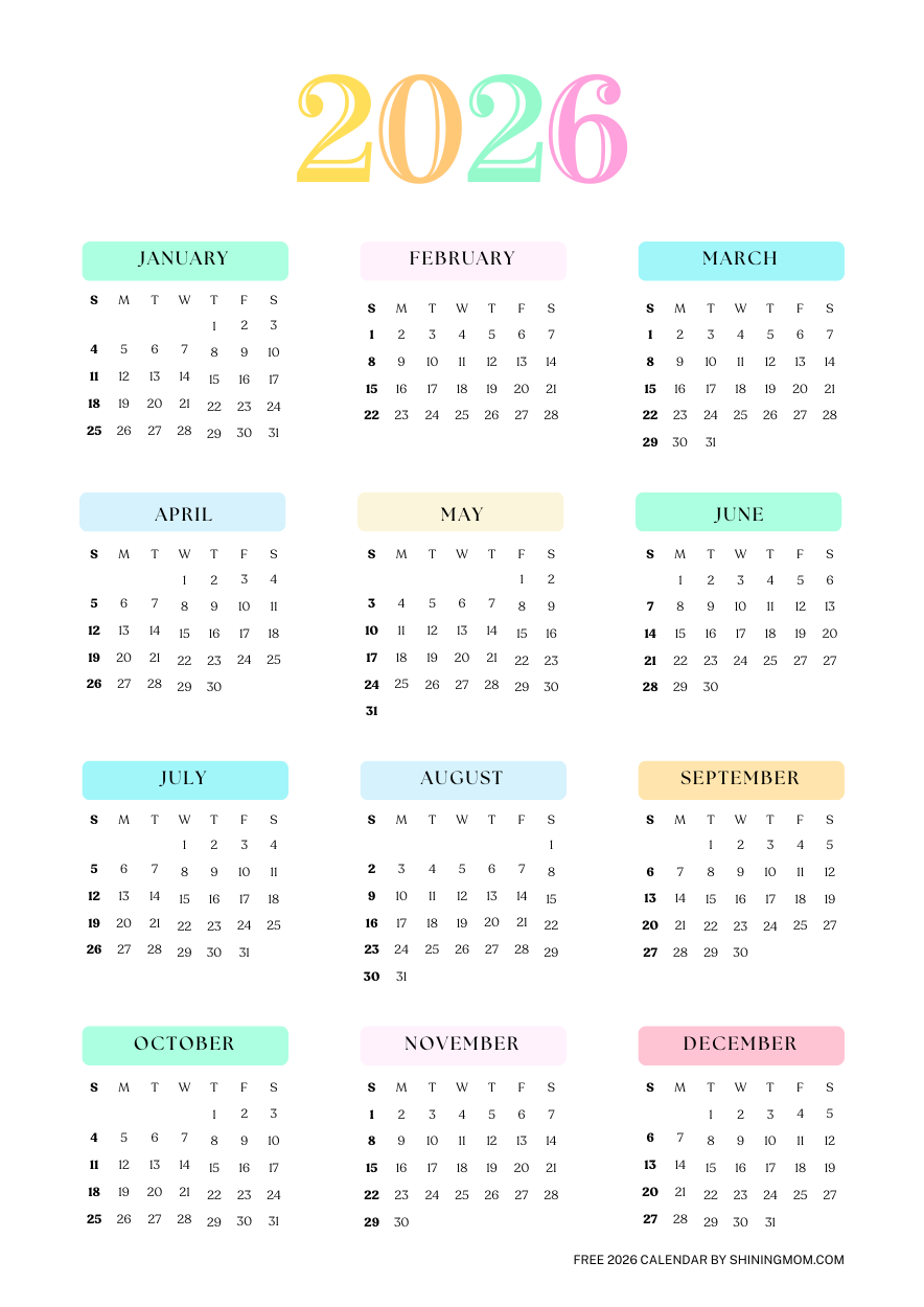 Free 2026 Yearly Calendar Printables Best One Page Templates Free 2026 Yearly Calendar Printables Best One Page Templates