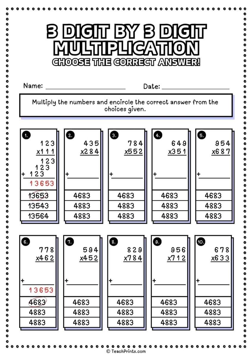 Free 3 Digit By 3 Digit Multiplication Worksheets Teach Prints