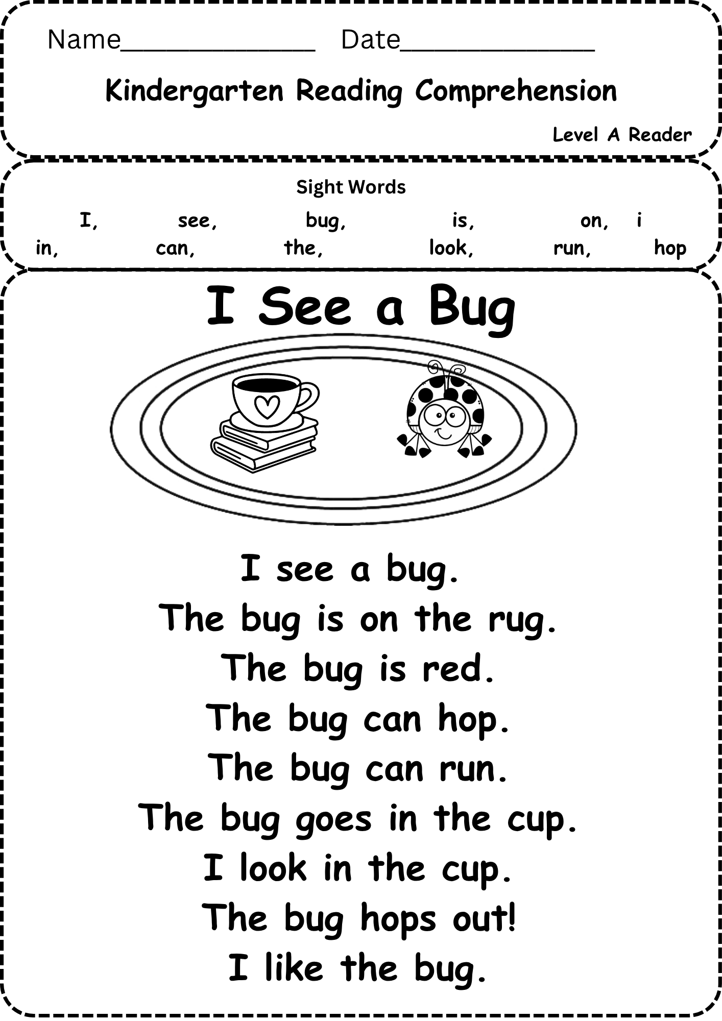Free Kindergarten Reading Comprehension Worksheet Level A Reading Worksheet For Kids Free Printable Digital PDF