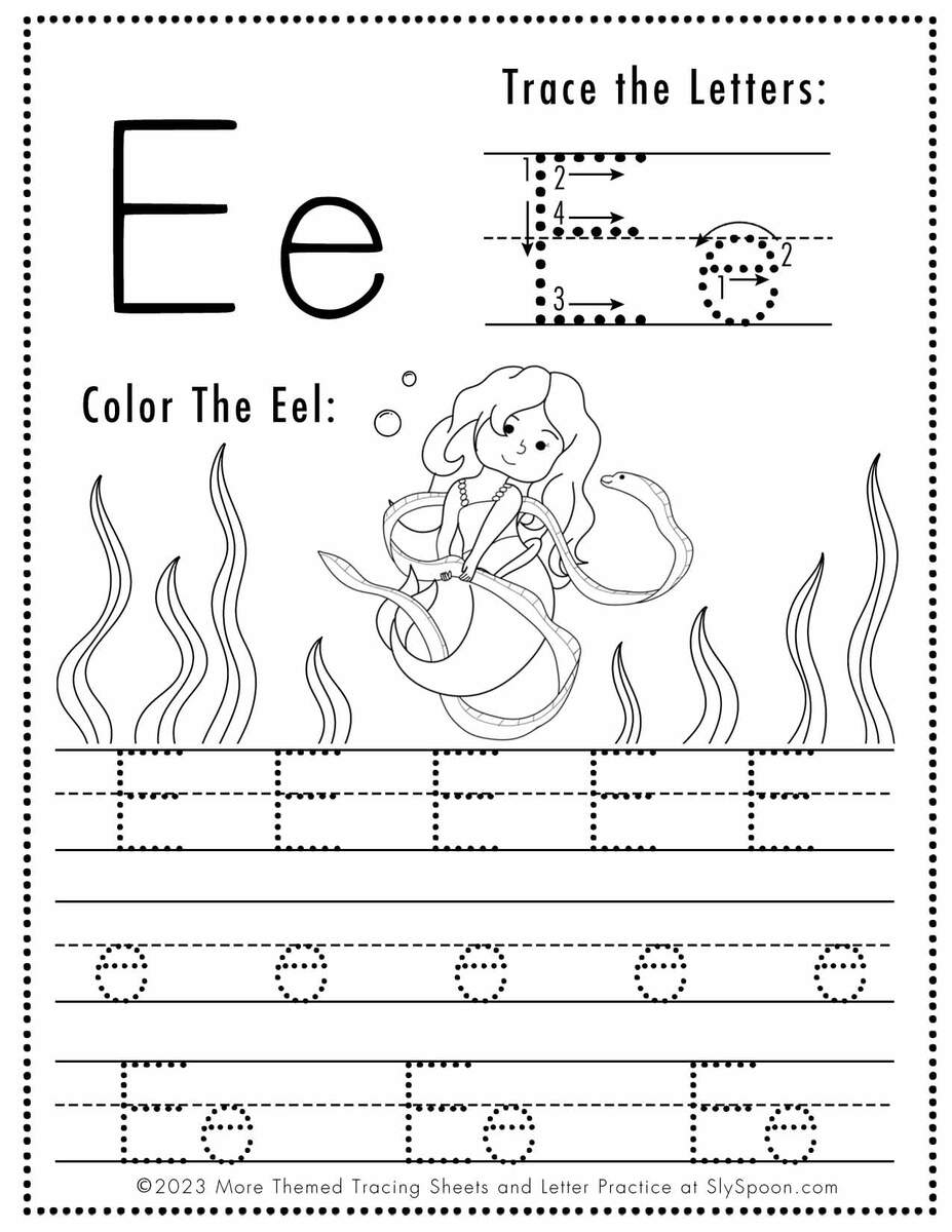 Free Letter E Tracing Worksheet Printable Mermaid Themed Sly Spoon Letter E Tracing Worksheet Free Printables Teach Prints