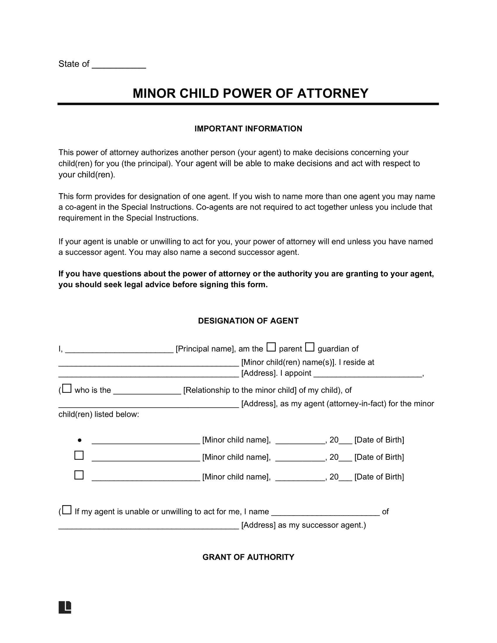 Free Minor Child Power Of Attorney Form PDF Word