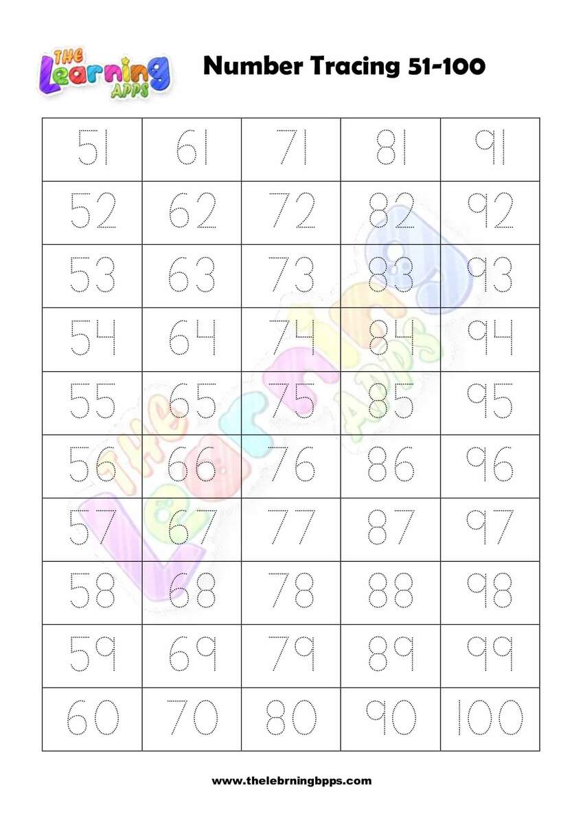 Free Printable Number Tracing 51 100 Worksheet For Kids Free Printable Number Tracing 51 100 Worksheet For Kids