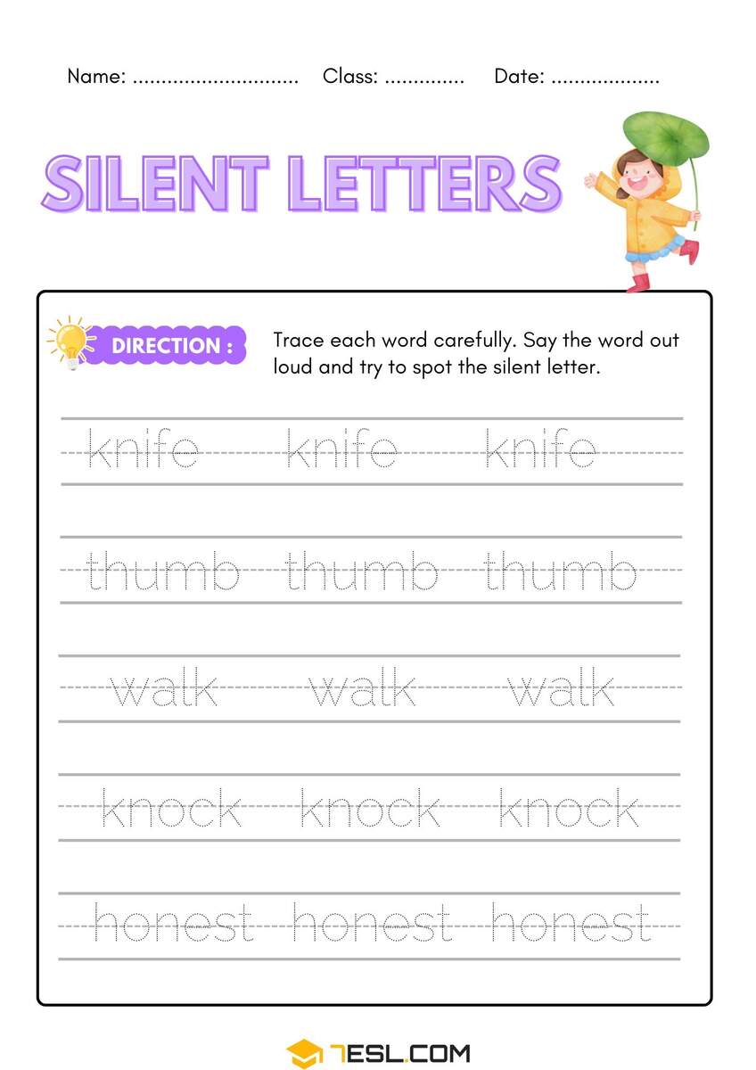 Free Silent Letters Worksheets In English 7ESL