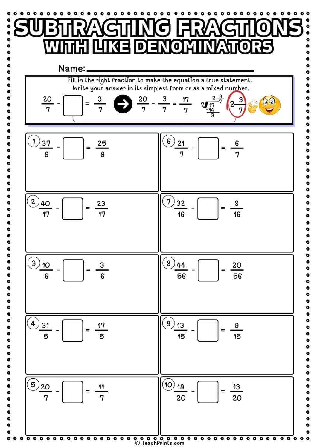 Free Subtracting Fractions With Like Denominators Worksheets Teach Prints