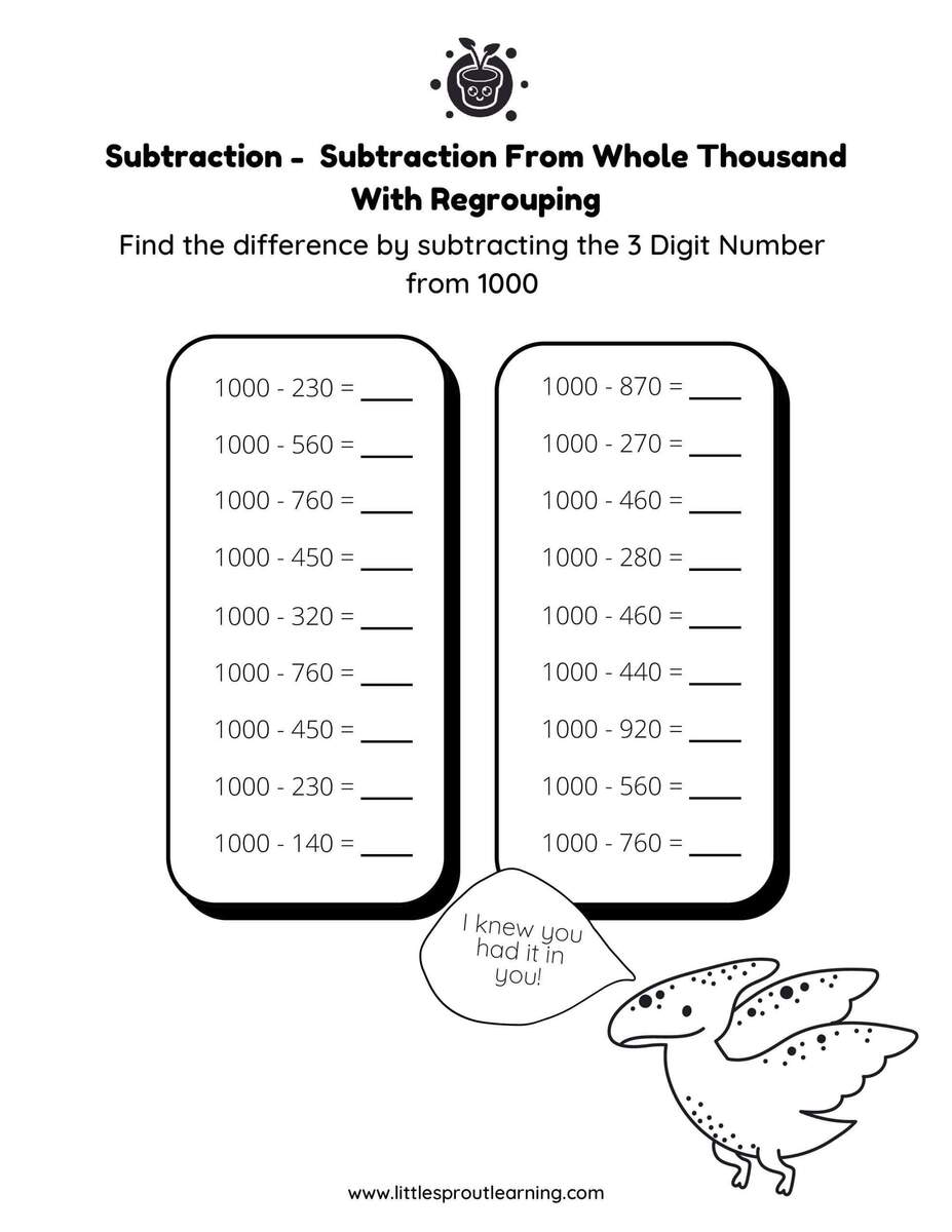 Grade 3 Subtraction Worksheets Little Sprout Art Learning Lab