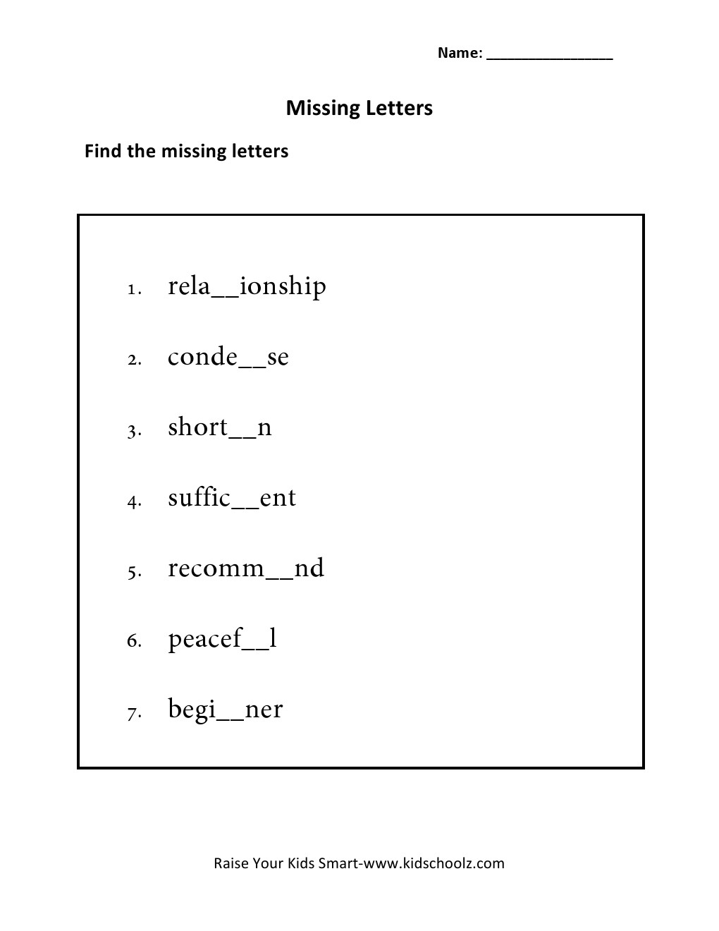 Grade 5 Missing Letter Worksheet 2 Kidschoolz