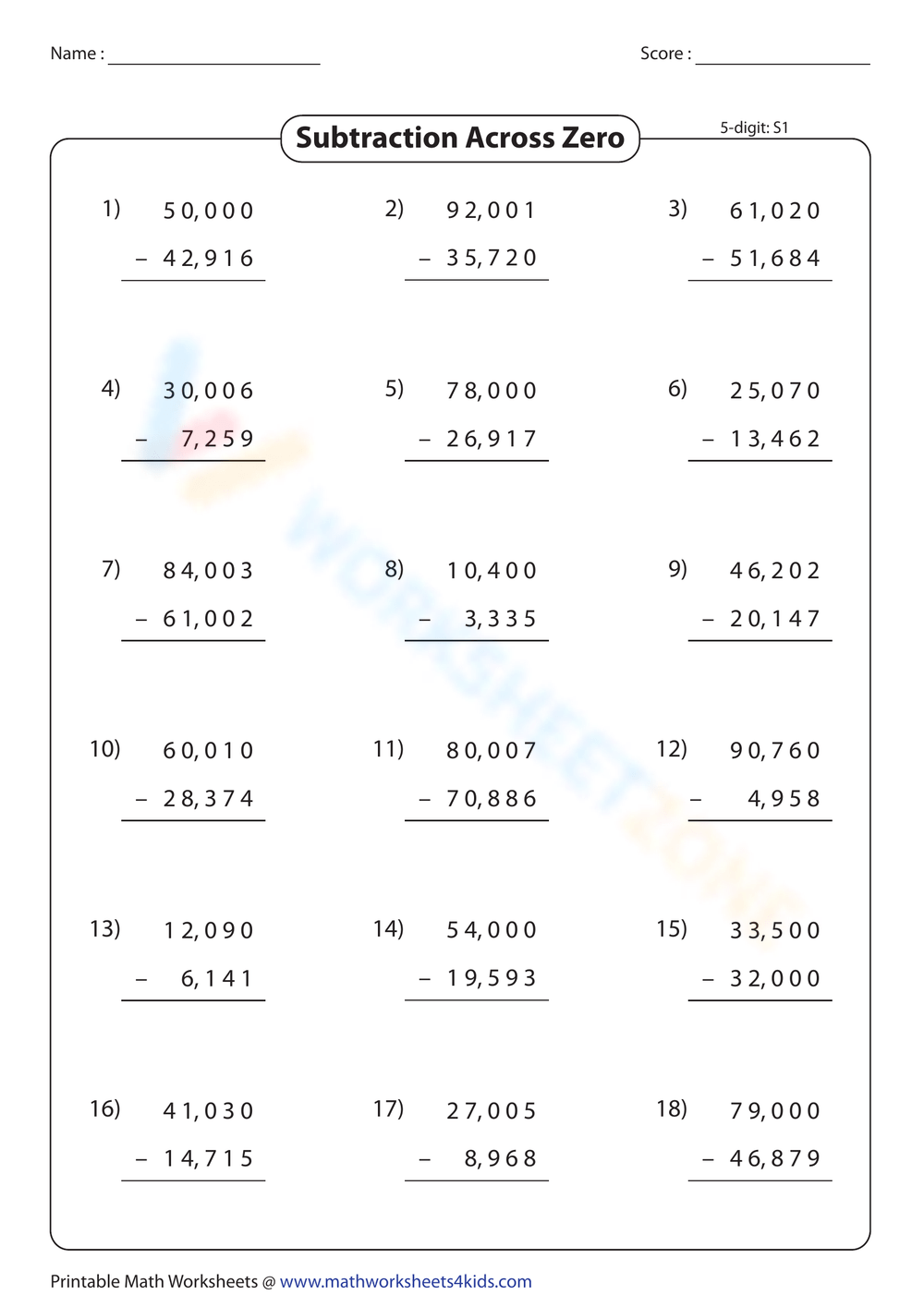 Grade 5 Subtraction Worksheets Printable