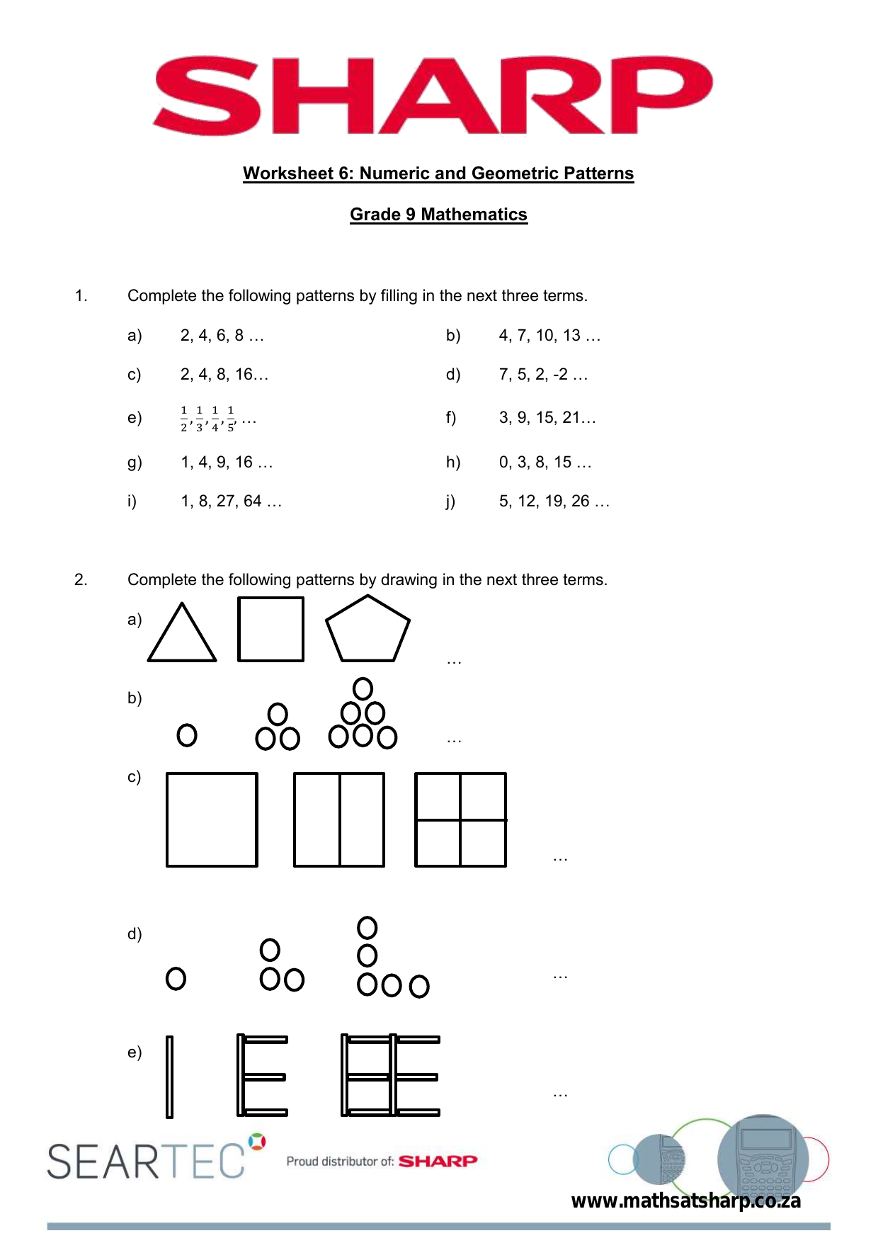 Grade 9 Math Worksheet Numeric Geometric Patterns