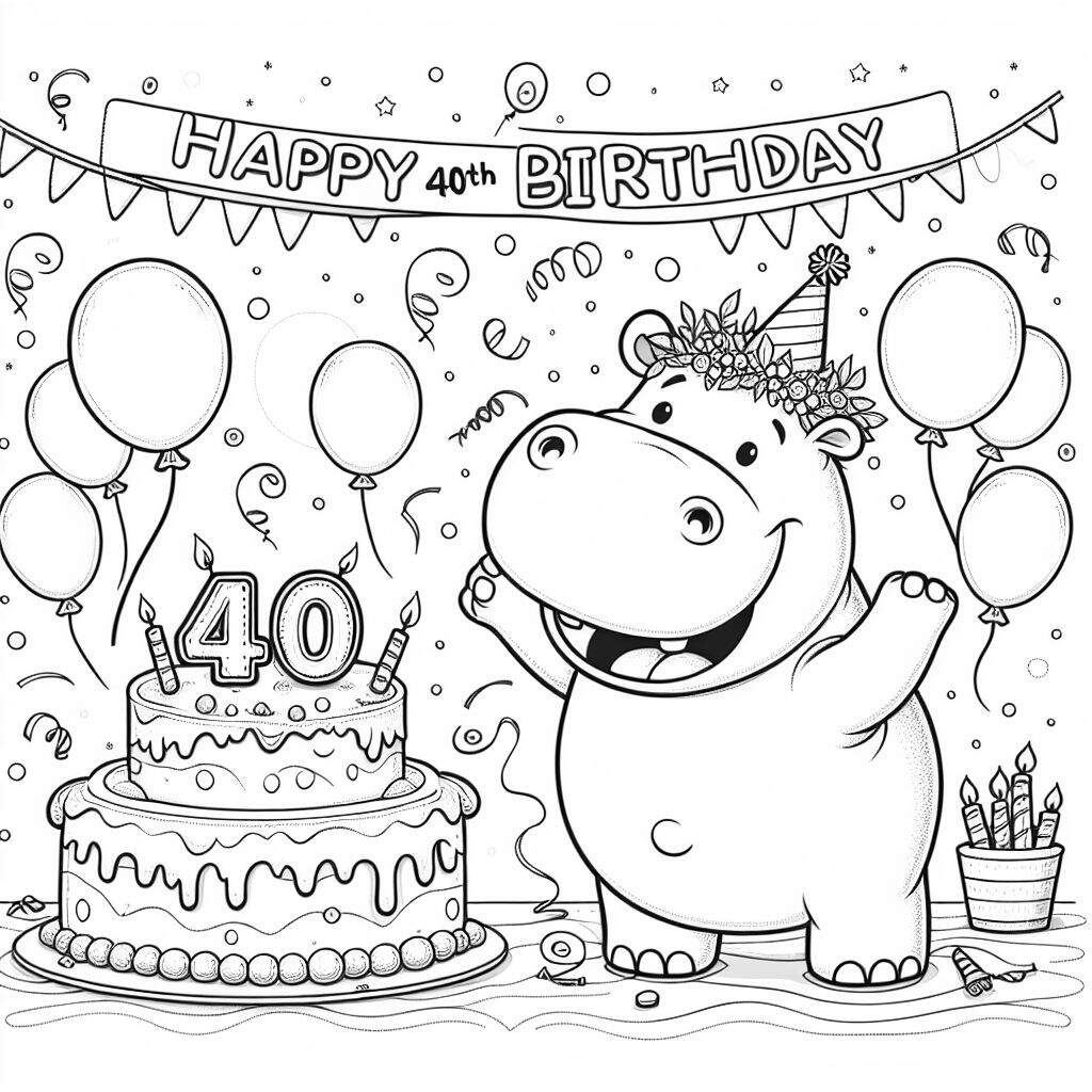 Happy 40th Birthday From Hippo Coloring Page Bubbely