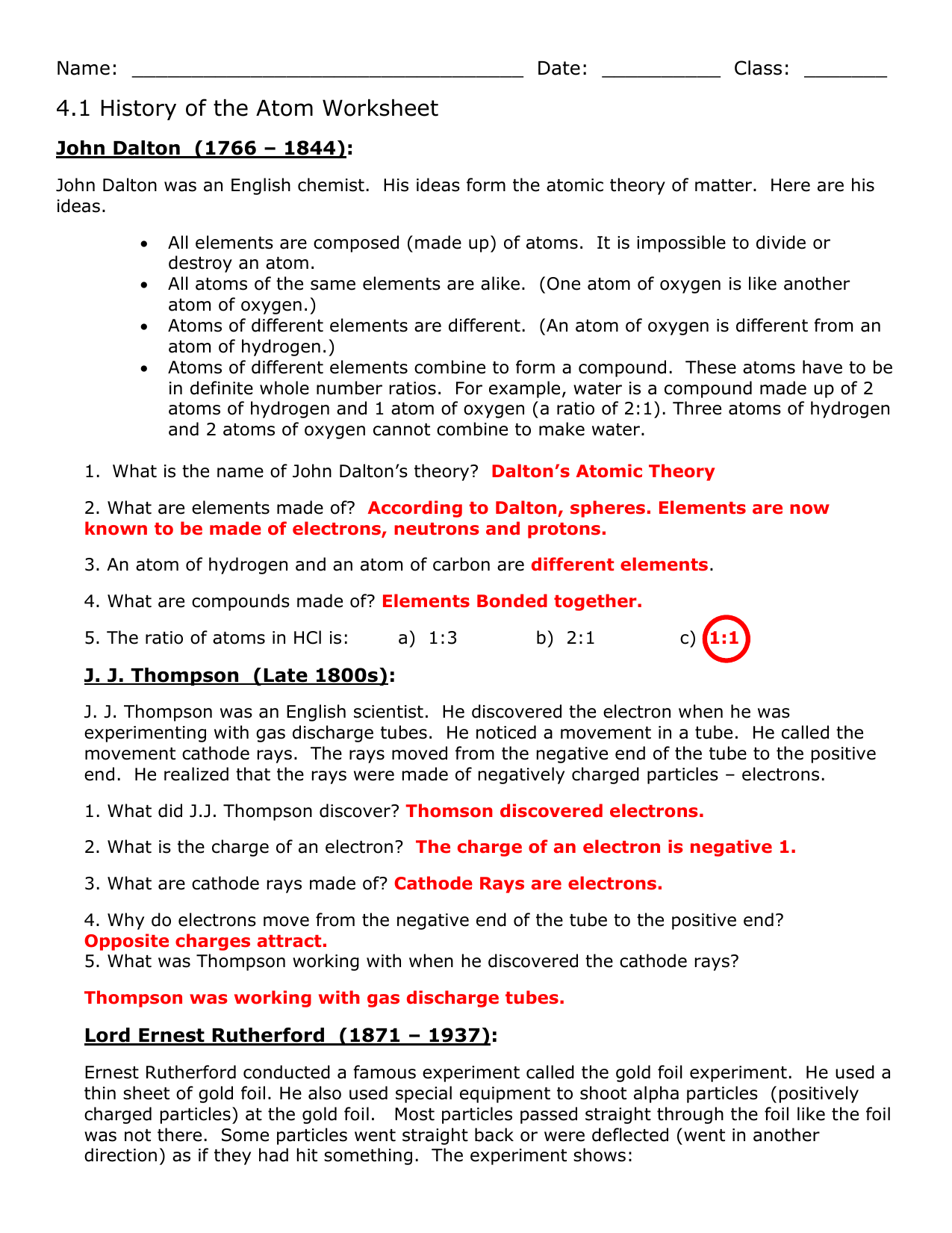 History Of The Atom Worksheet Dalton Thompson Rutherford Bohr