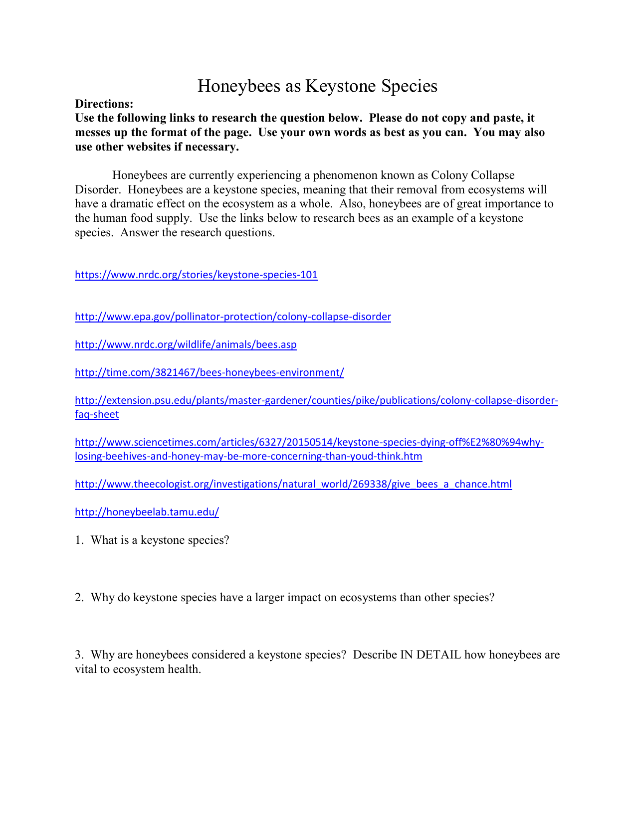Honeybees As Keystone Species Worksheet Honeybees As Keystone Species Worksheet