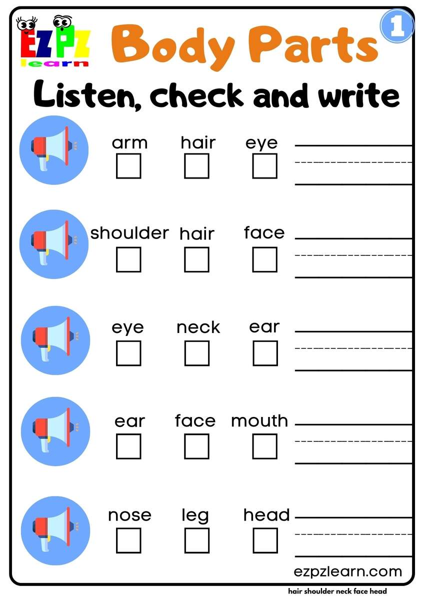 Interactive Worksheet For Body Parts Listen Check And Write The Words Activity For Kids And ESL Students Group 1 Ezpzlearn
