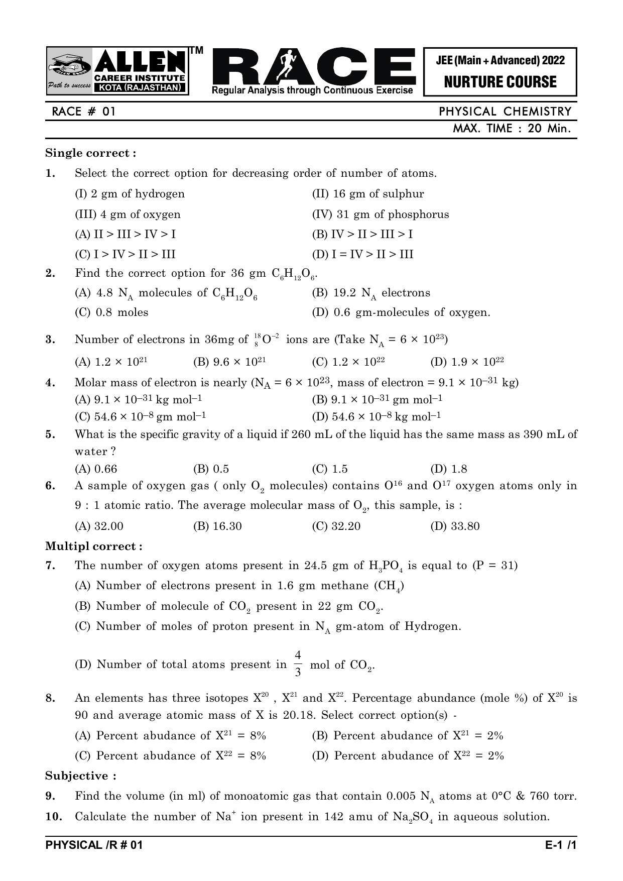 JEE Physical Chemistry Test Moles Atoms Gas Laws JEE Physical Chemistry Test Moles Atoms Gas Laws