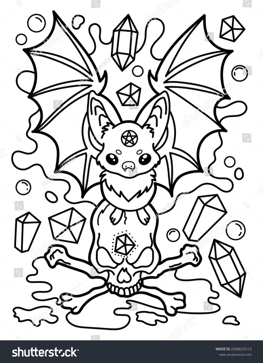 Kawaii Coloring Page Bat Skull Crystals Stock Illustration 2008625513 Shutterstock Scary Monster Coloring Pages Free Printable