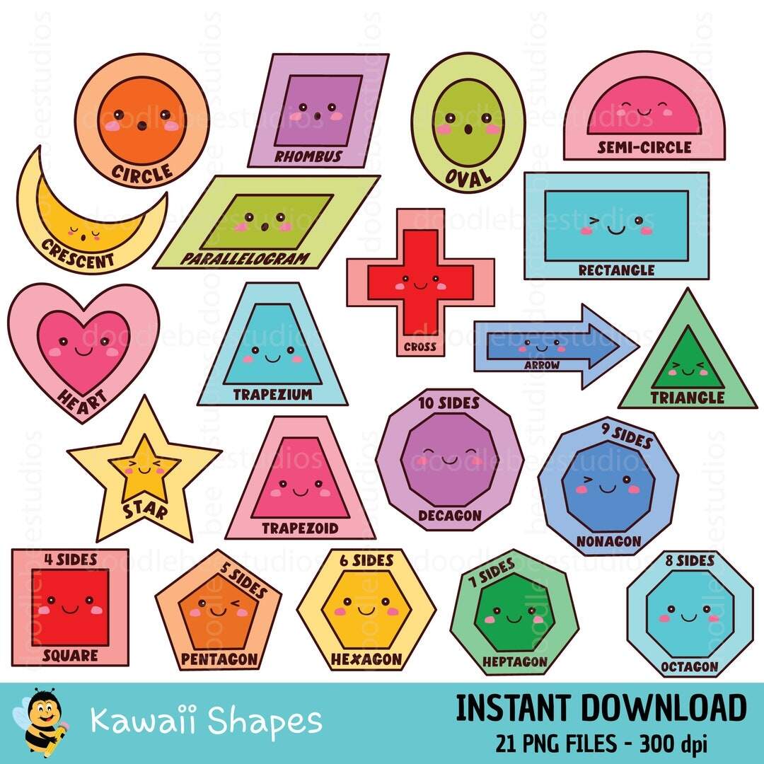 Kawaii Shapes Clipart Cute Shapes Clip Art Colourful Shapes Clipart Teacher Resources Clipart Kindergarten Learning Kids Learning Etsy